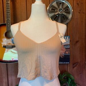 Aerie Ribbed Crop Cami Top Tan Adjustable Straps Back Floral Appliqué Size M NWT